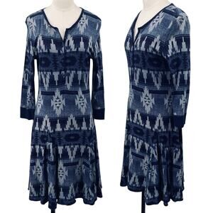 Lauren Ralph Lauren Aztec Print Cotton Dress A Line Fit & Flare Henley Blue S